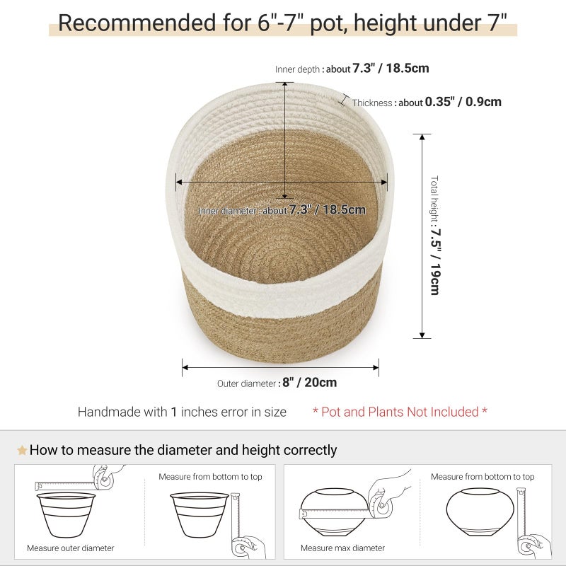 Dahey Small Cotton Rope Plant Basket Woven Plant Coiled Basket for Up to 7" Planter, Decorative Flower Pot Cover Closet Storage Bin Table Desk Organizer for Home Decor, White and Beige - Image 2